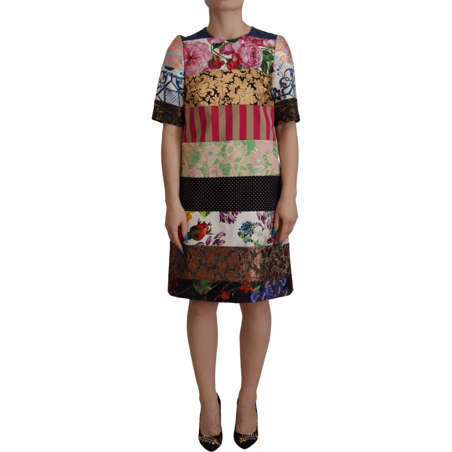 Multicolor Pachwork Floral Sheath Jaquard Mini Gown Dress