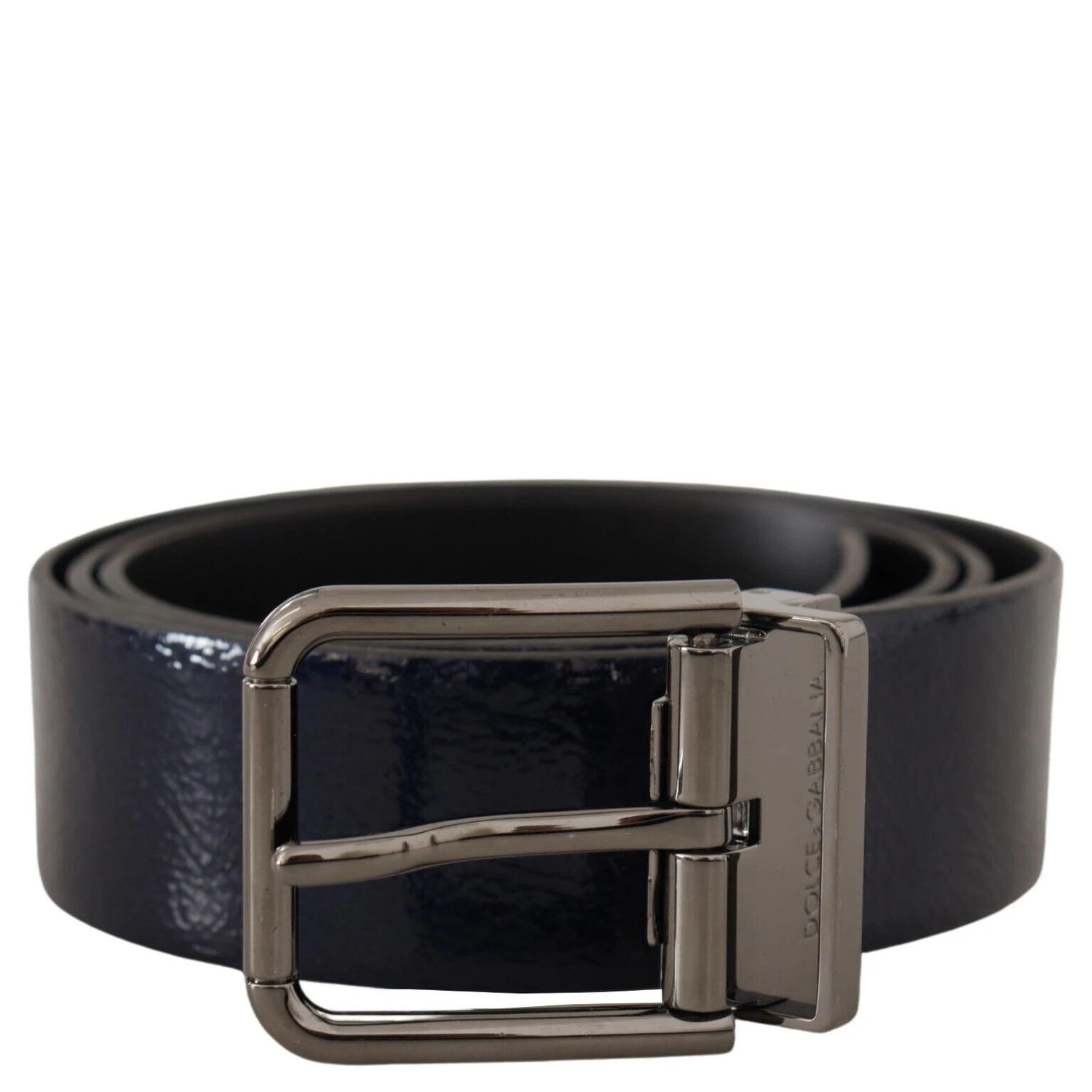 Blue Patent Leather Vernice Silver Logo Buckle Belt