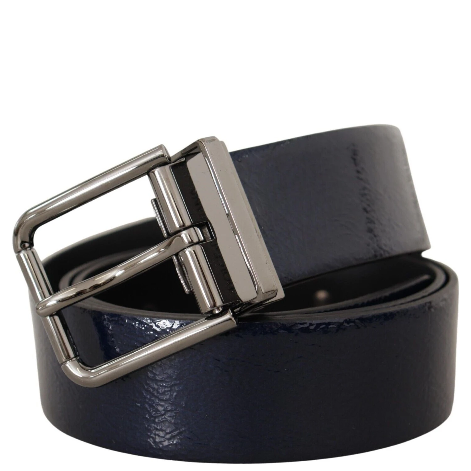 Blue Patent Leather Vernice Silver Logo Buckle Belt