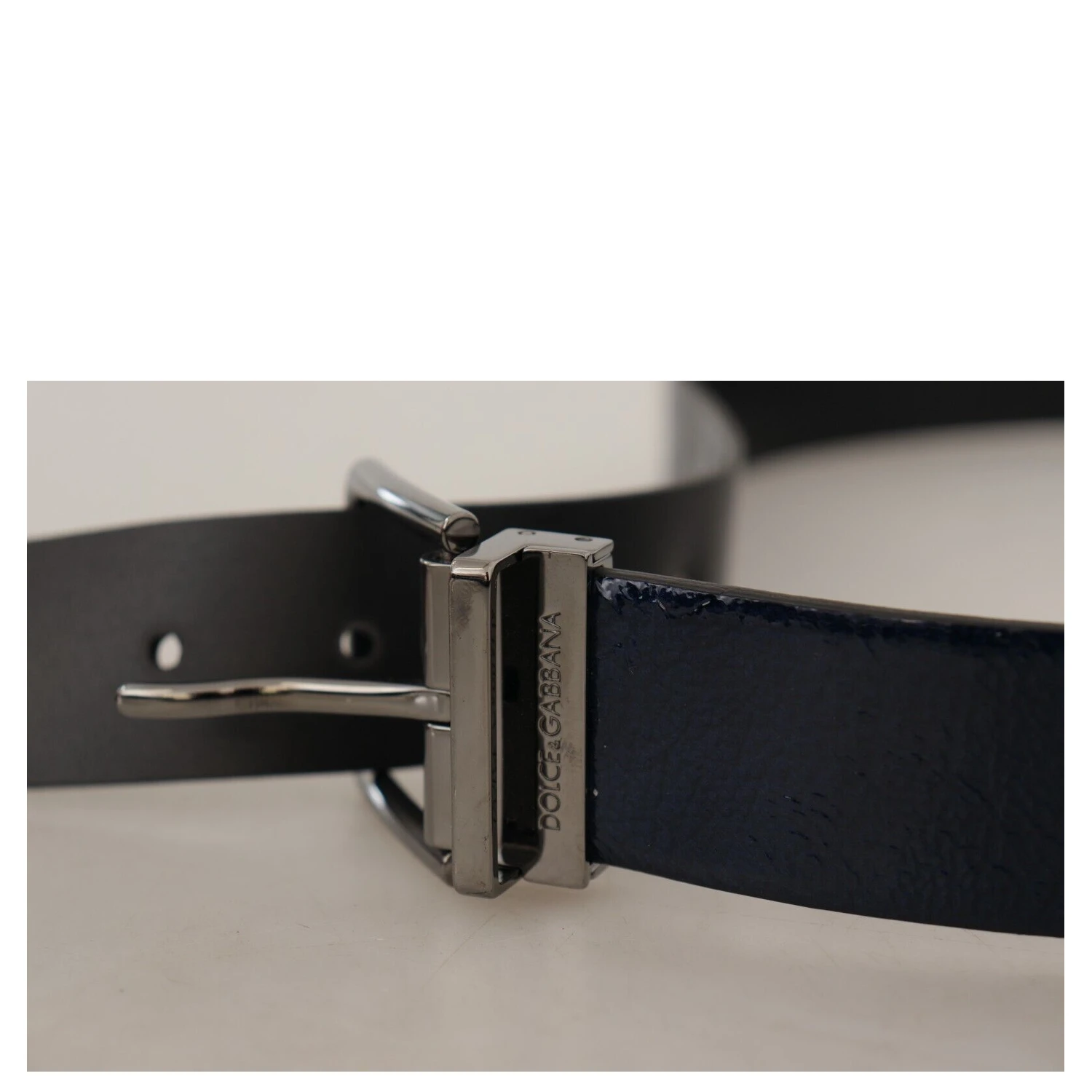 Blue Patent Leather Vernice Silver Logo Buckle Belt