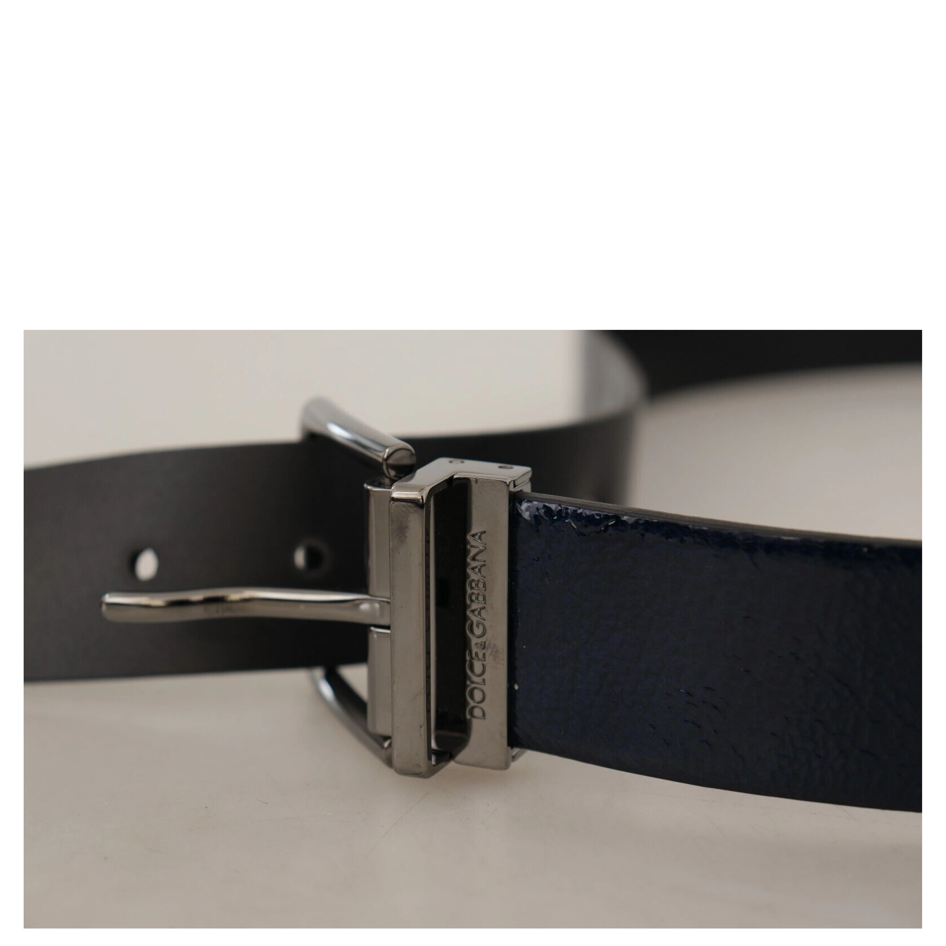 Blue Patent Leather Vernice Silver Logo Buckle Belt