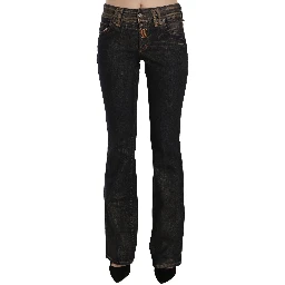 Black Washed Mid Waist Flared Denim Pants Cotton