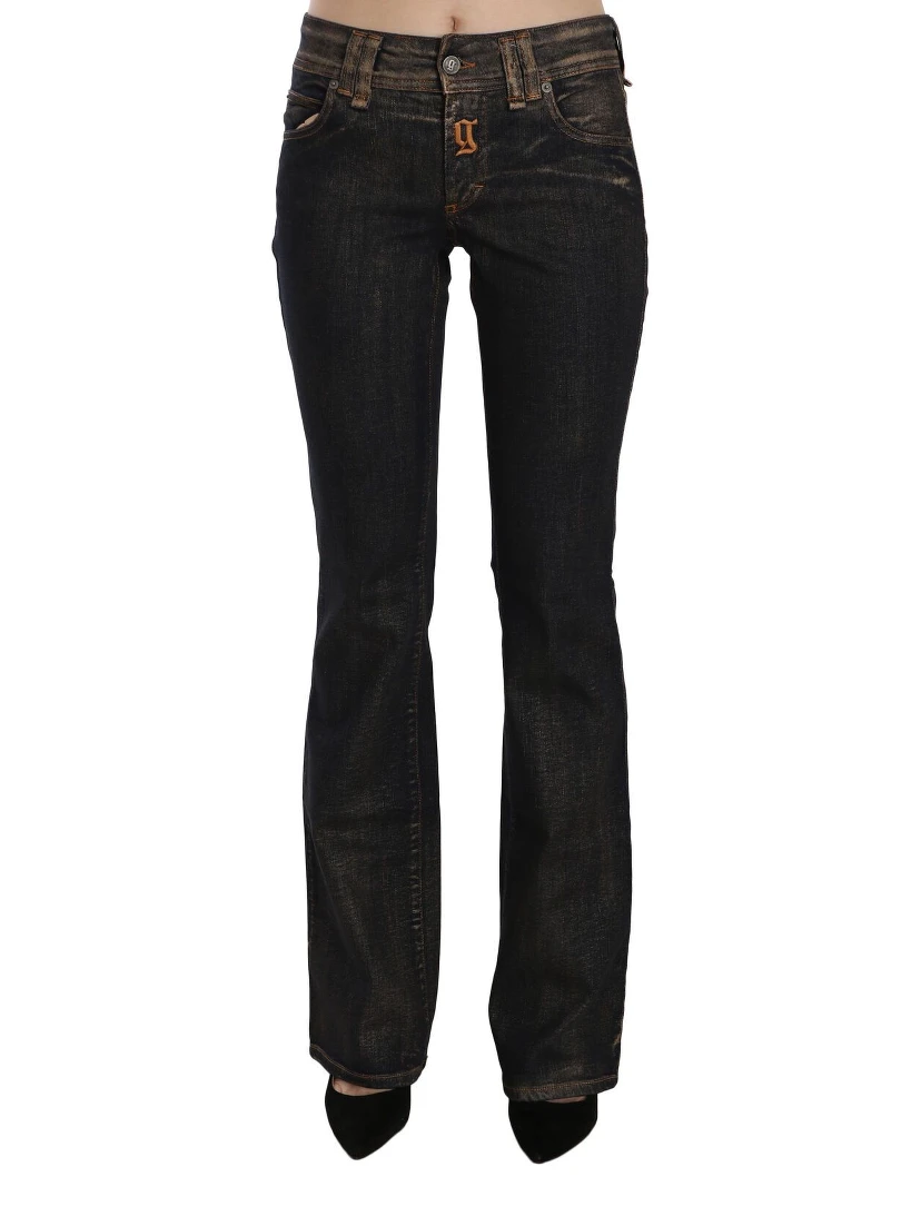 Black Washed Mid Waist Flared Denim Pants Cotton