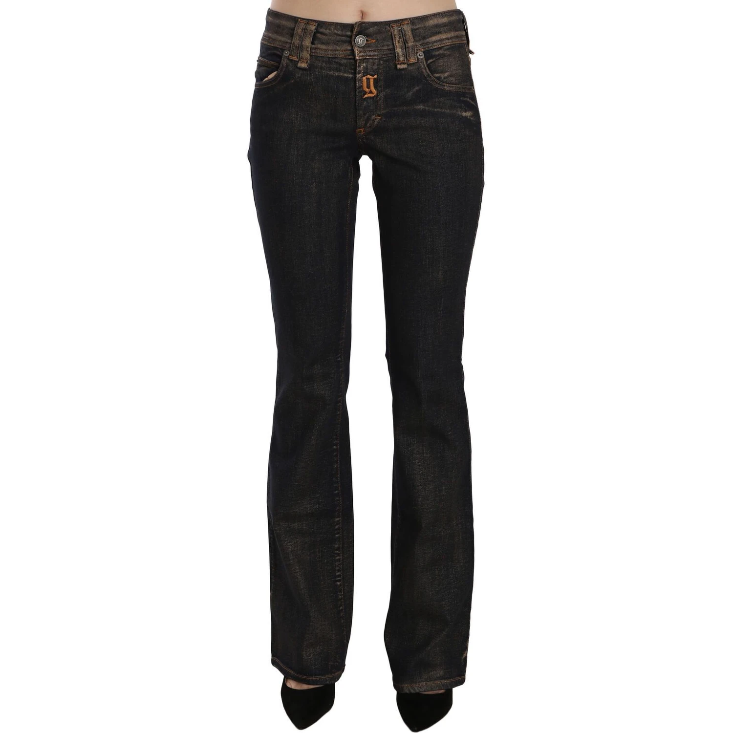 Black Washed Mid Waist Flared Denim Pants Cotton