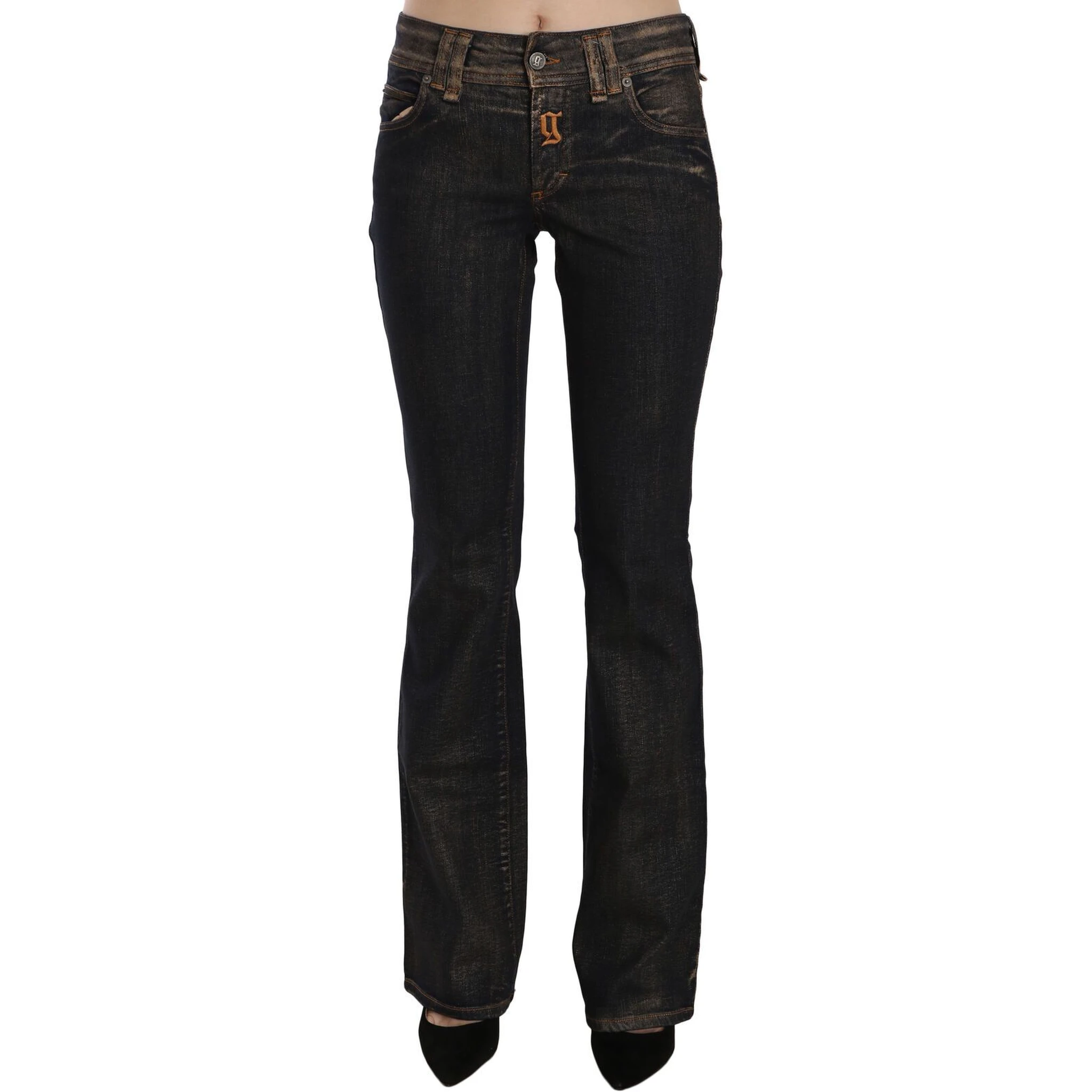 Black Washed Mid Waist Flared Denim Pants Cotton
