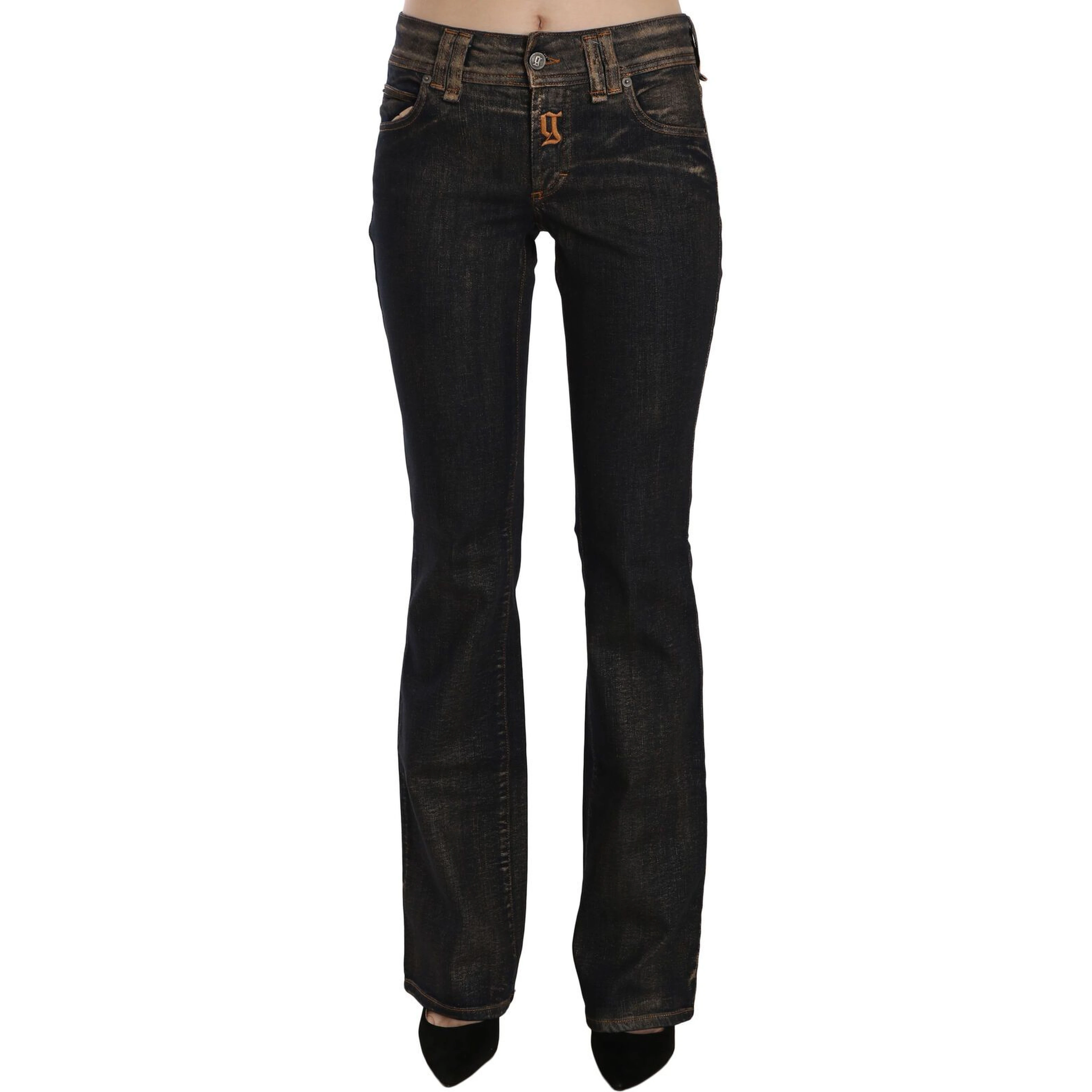Black Washed Mid Waist Flared Denim Pants Cotton