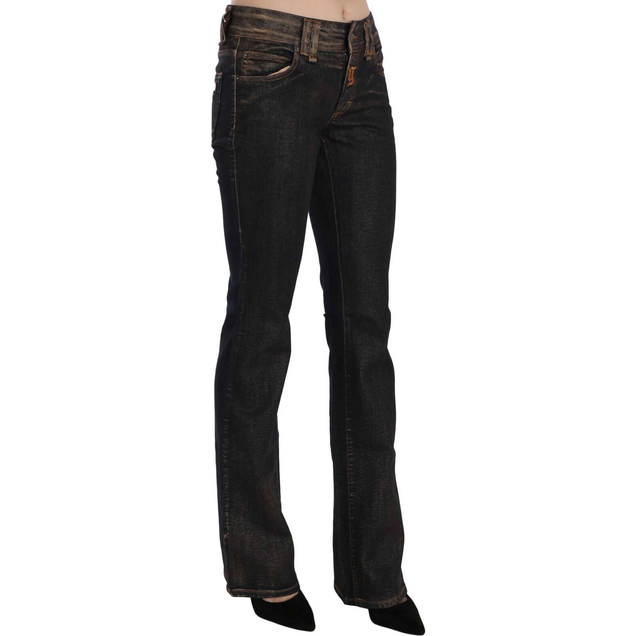 Black Washed Mid Waist Flared Denim Pants Cotton