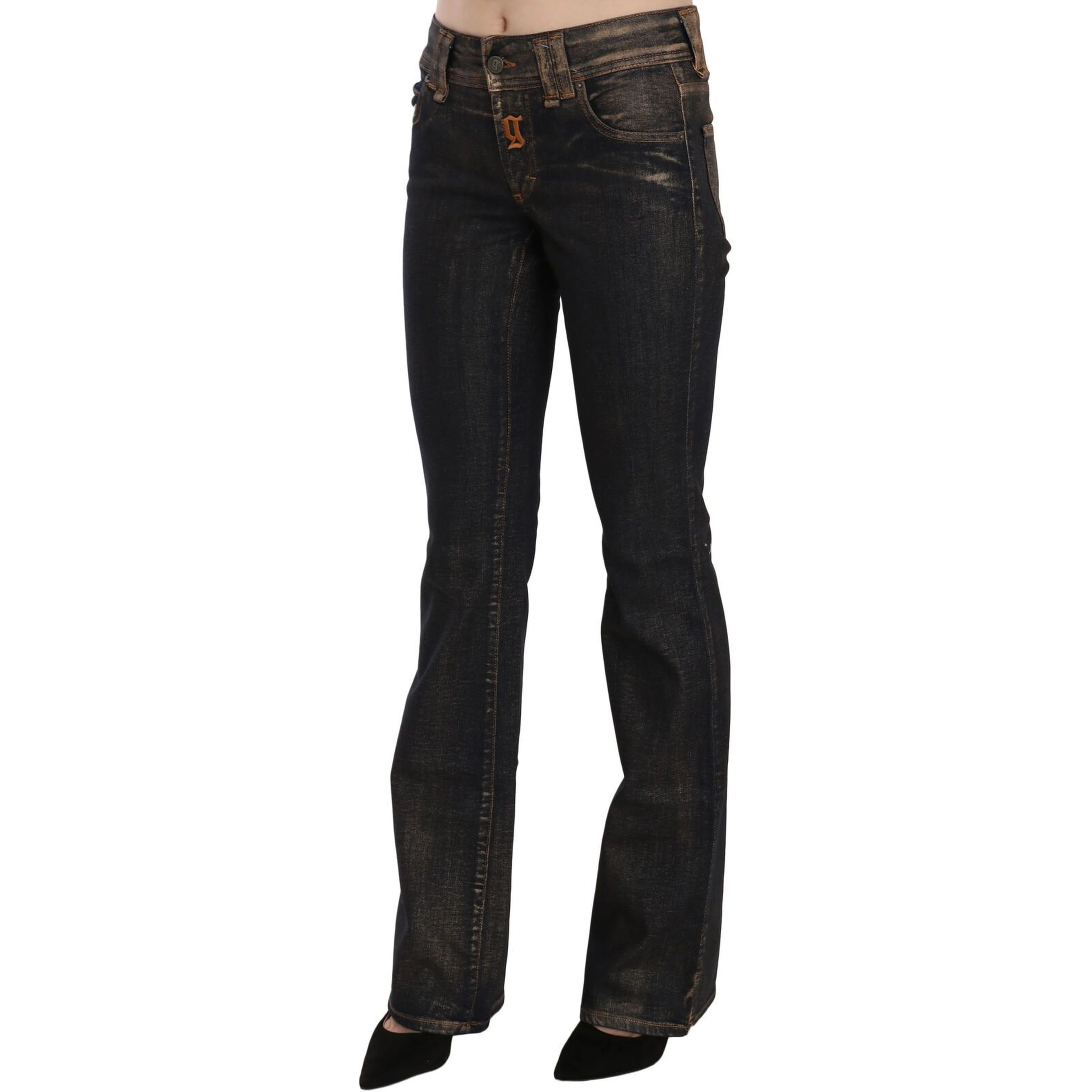 Black Washed Mid Waist Flared Denim Pants Cotton