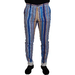 Blue Striped Silk Cotton Slim Trousers Pants