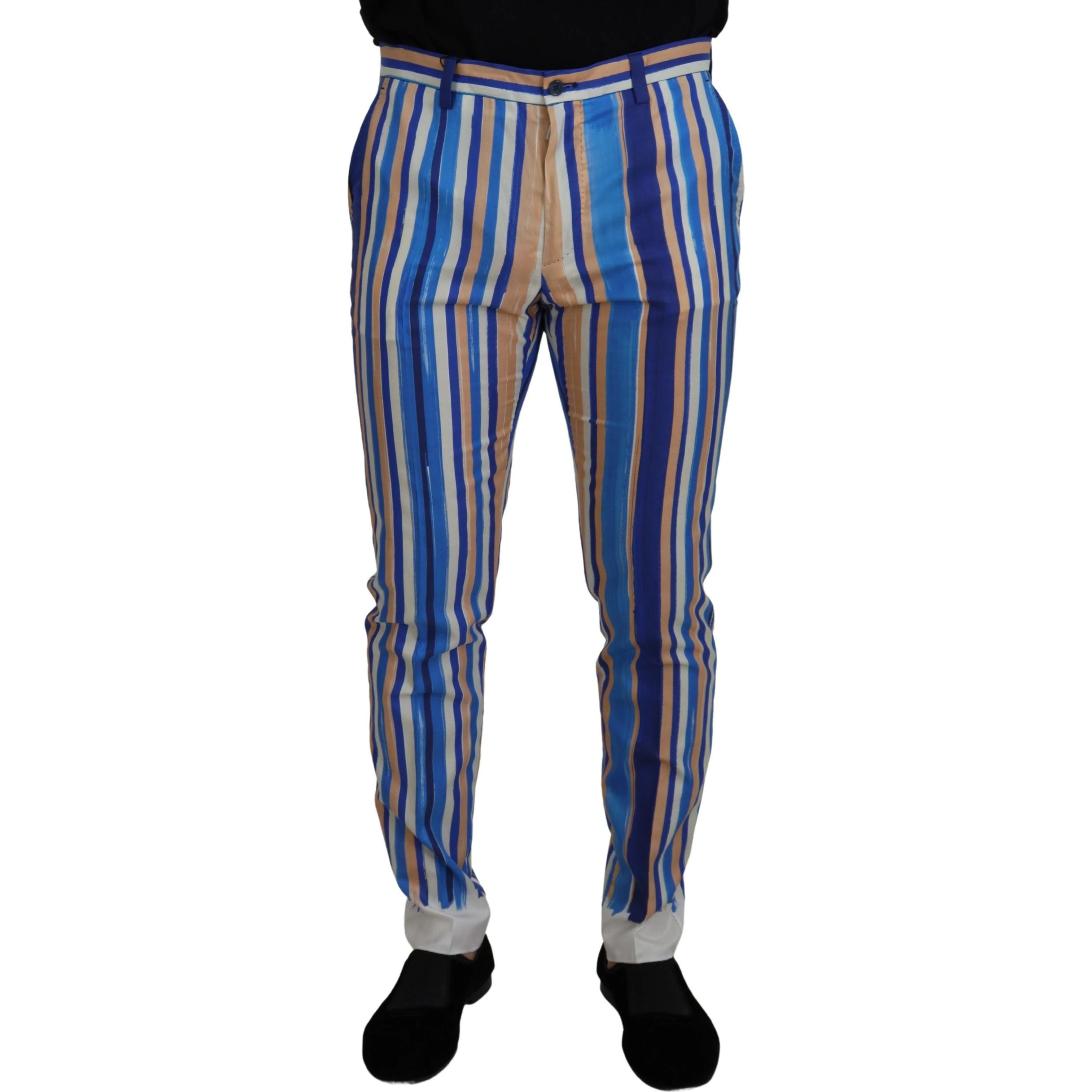 Blue Striped Silk Cotton Slim Trousers Pants