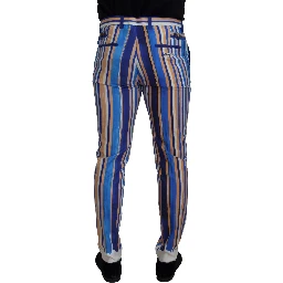 Blue Striped Silk Cotton Slim Trousers Pants