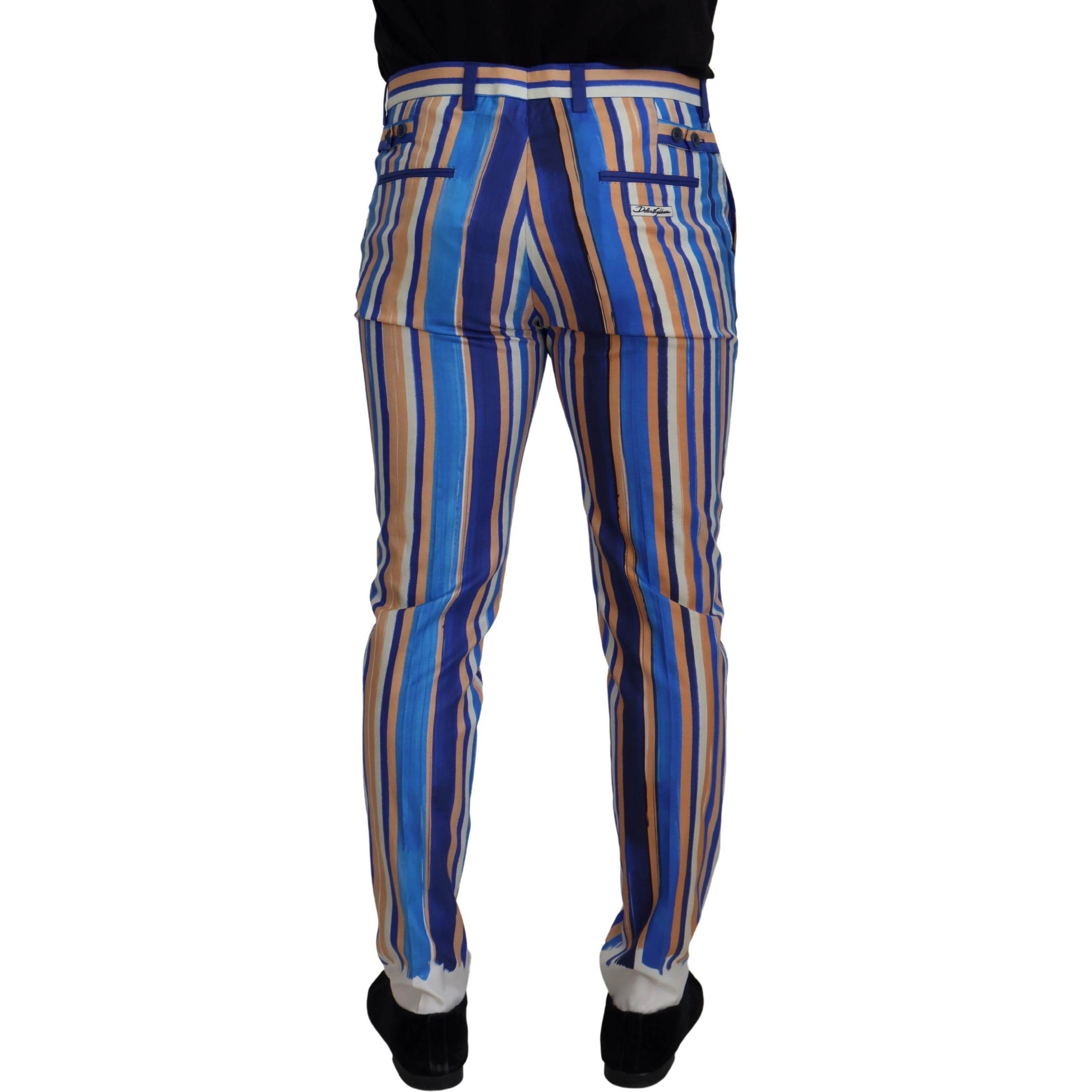Blue Striped Silk Cotton Slim Trousers Pants