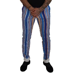 Blue Striped Silk Cotton Slim Trousers Pants