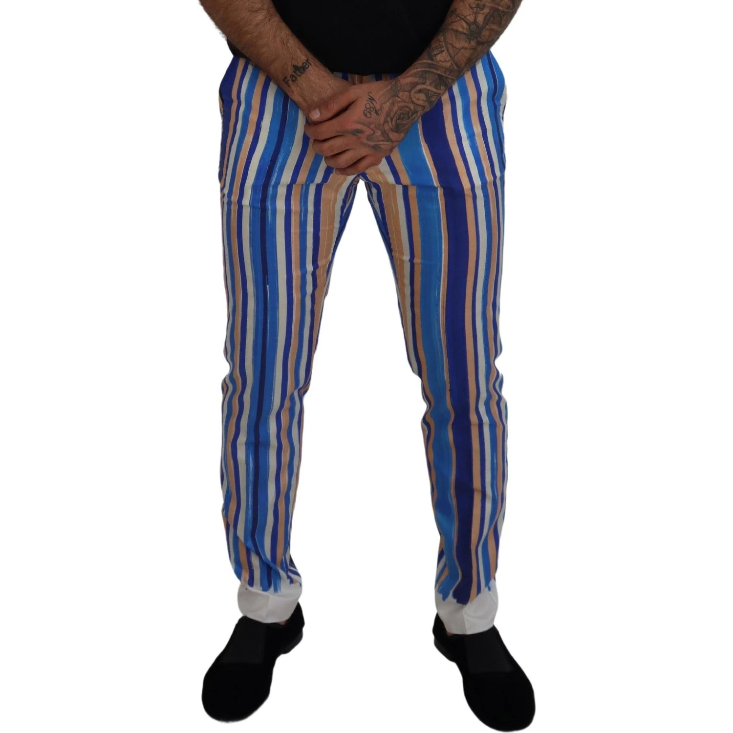 Blue Striped Silk Cotton Slim Trousers Pants