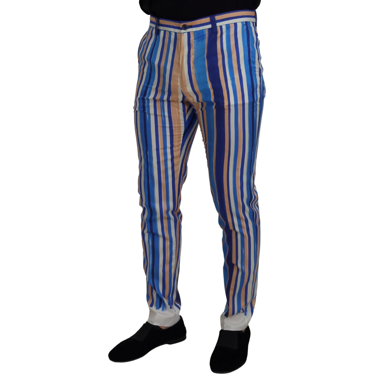 Blue Striped Silk Cotton Slim Trousers Pants