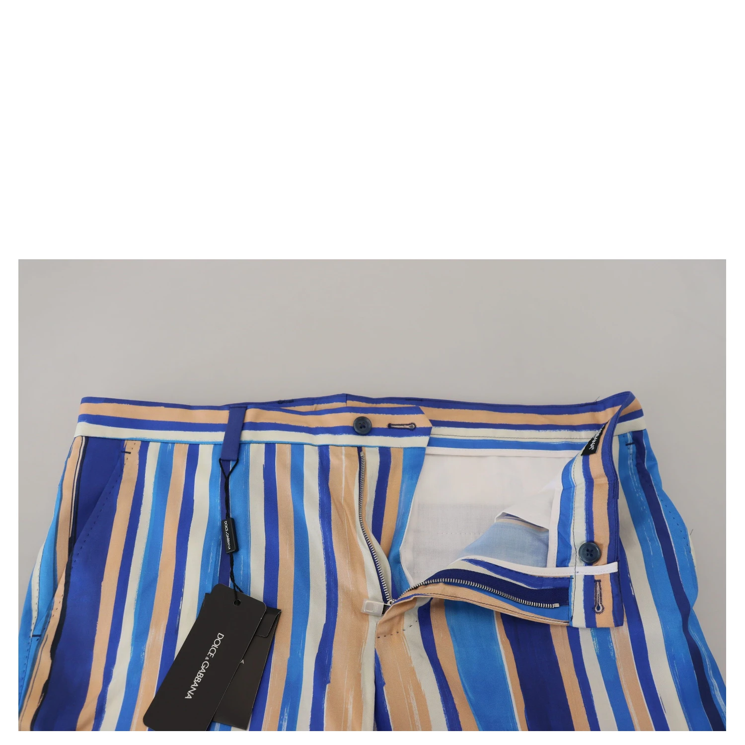 Blue Striped Silk Cotton Slim Trousers Pants
