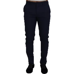 Blue Linen Cotton Slim Trousers Chinos Pants