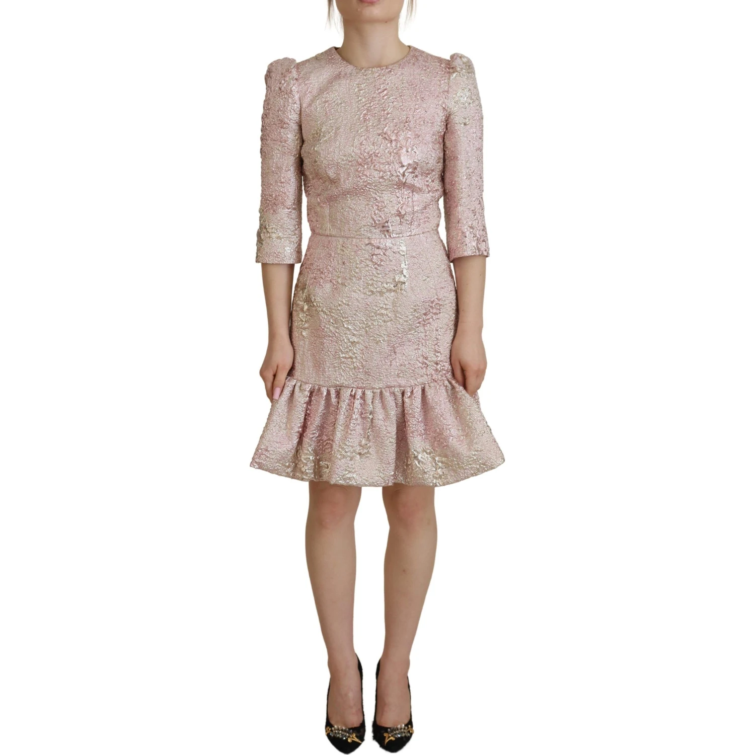 Pink Jaquard 3/4 Sleeve Sheath Midi Dress