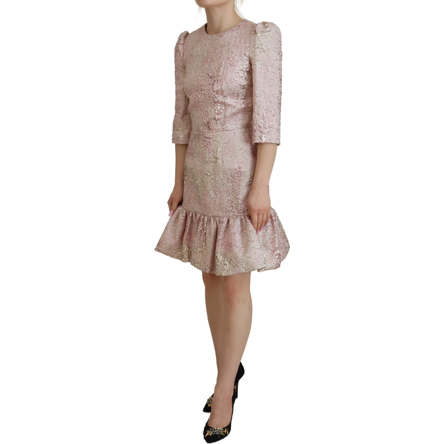 Pink Jaquard 3/4 Sleeve Sheath Midi Dress