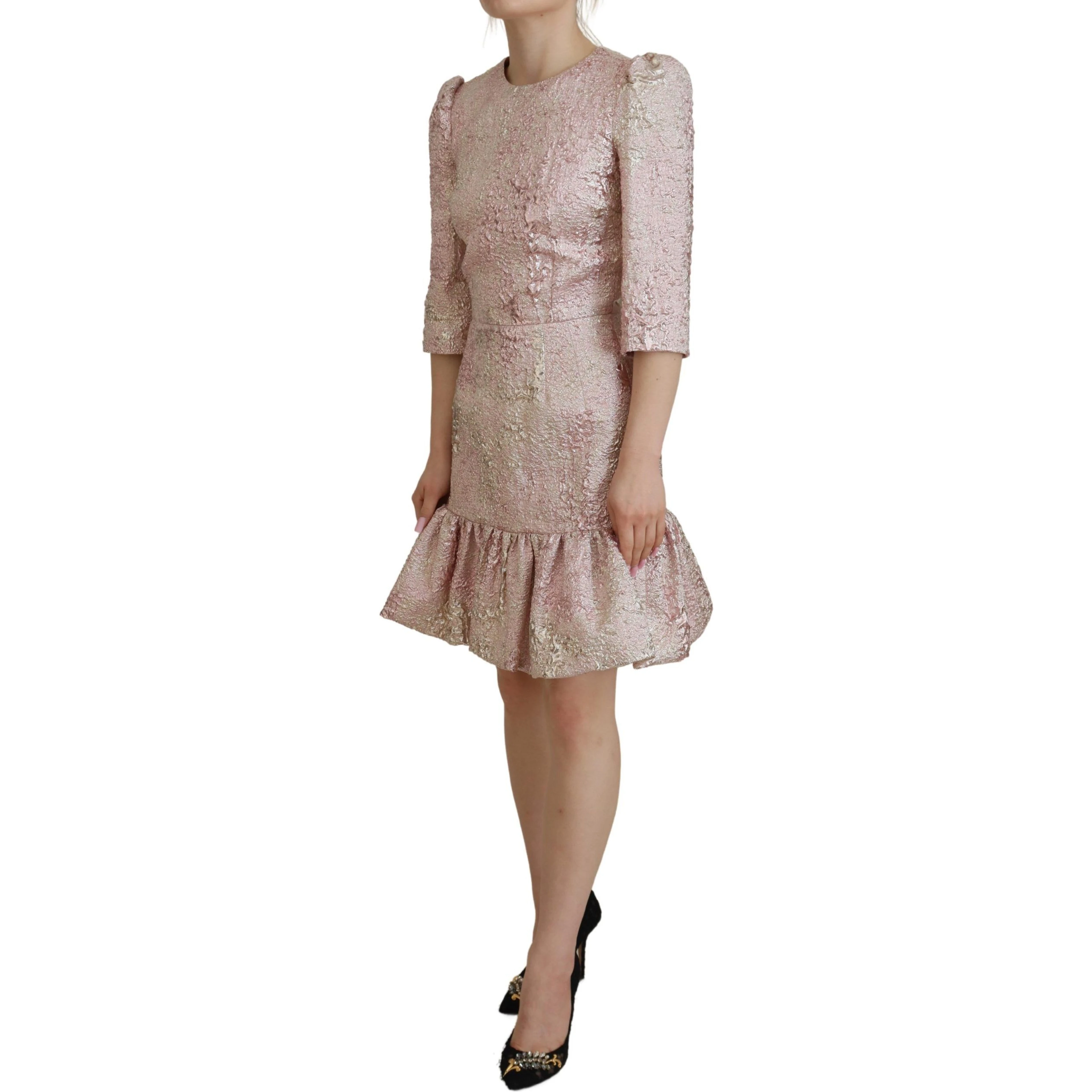 Pink Jaquard 3/4 Sleeve Sheath Midi Dress