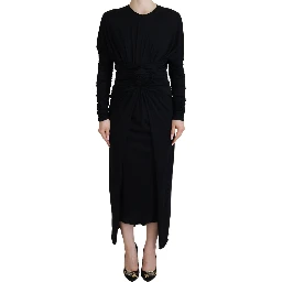 Black Sheath Midi Gown Wool Wrap Dress