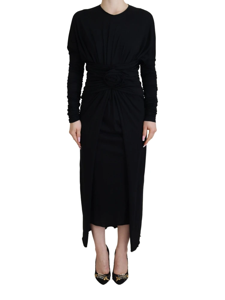 Black Sheath Midi Gown Wool Wrap Dress