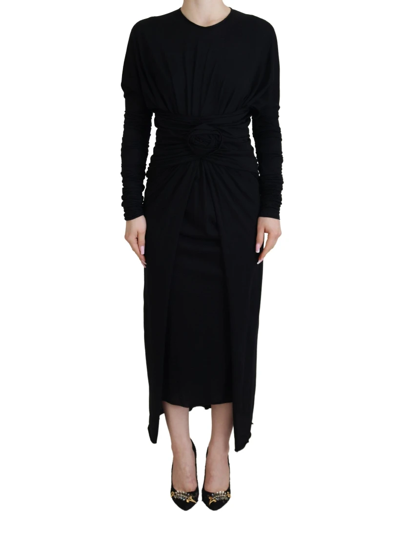 Black Sheath Midi Gown Wool Wrap Dress