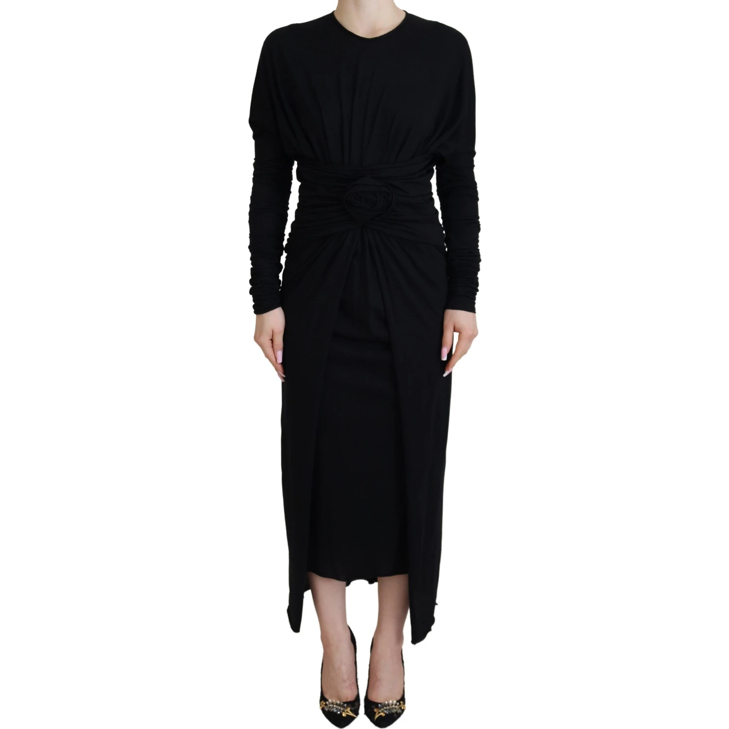 Black Sheath Midi Gown Wool Wrap Dress
