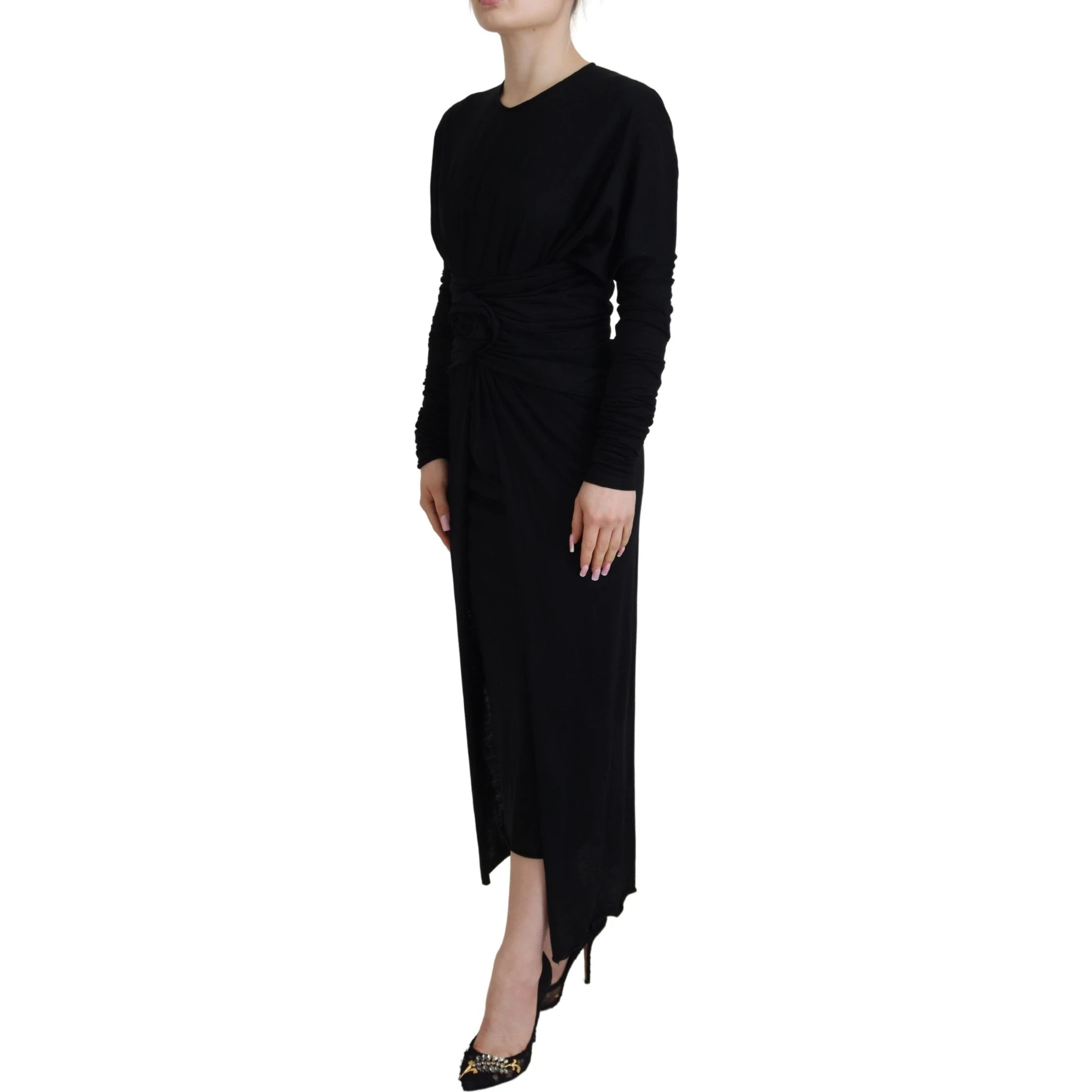 Black Sheath Midi Gown Wool Wrap Dress