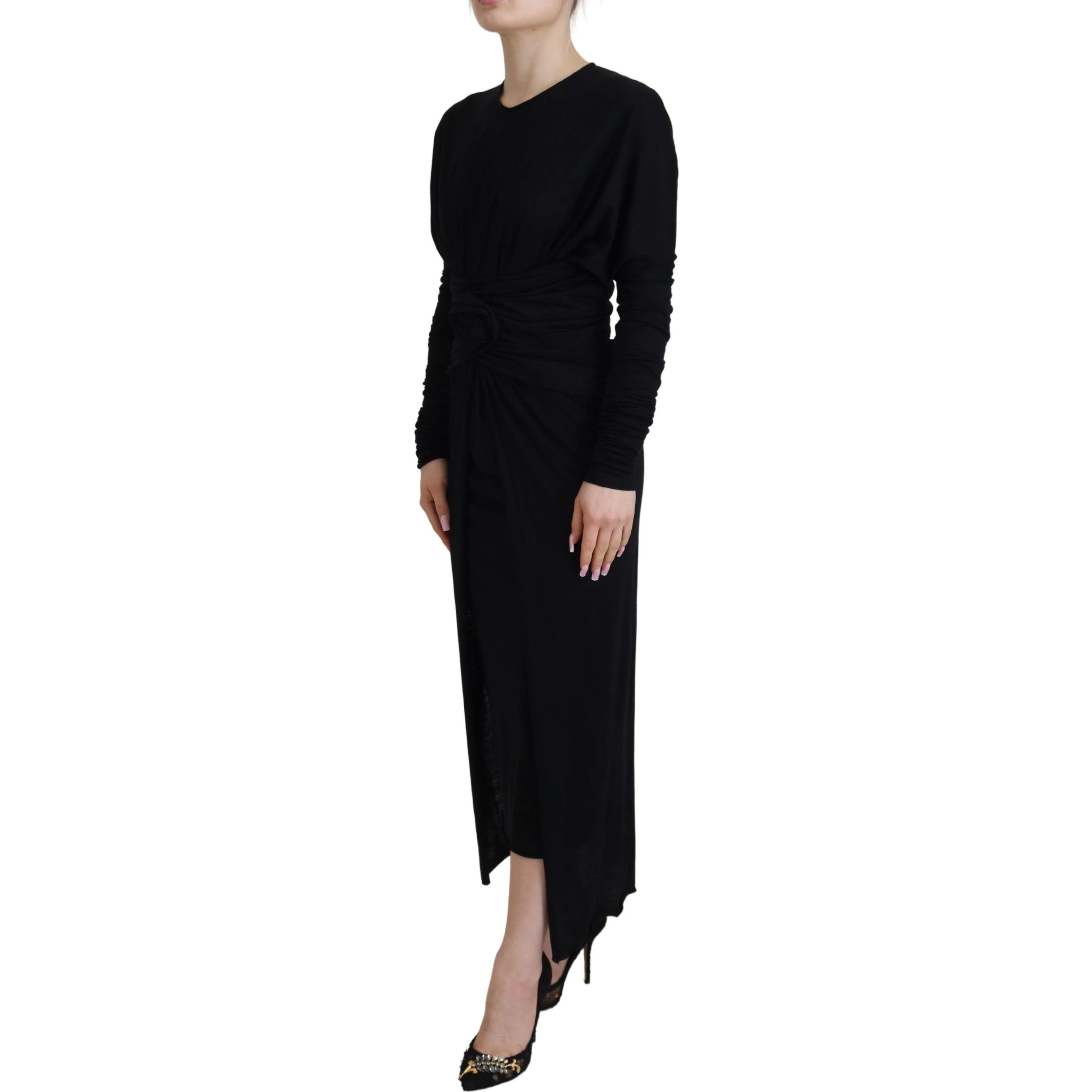 Black Sheath Midi Gown Wool Wrap Dress