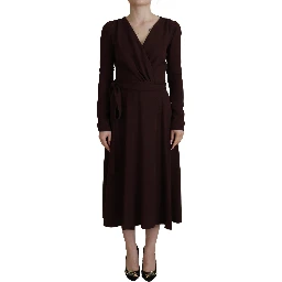 Brown Wrap Long Sleeve Midi Stretch Dress