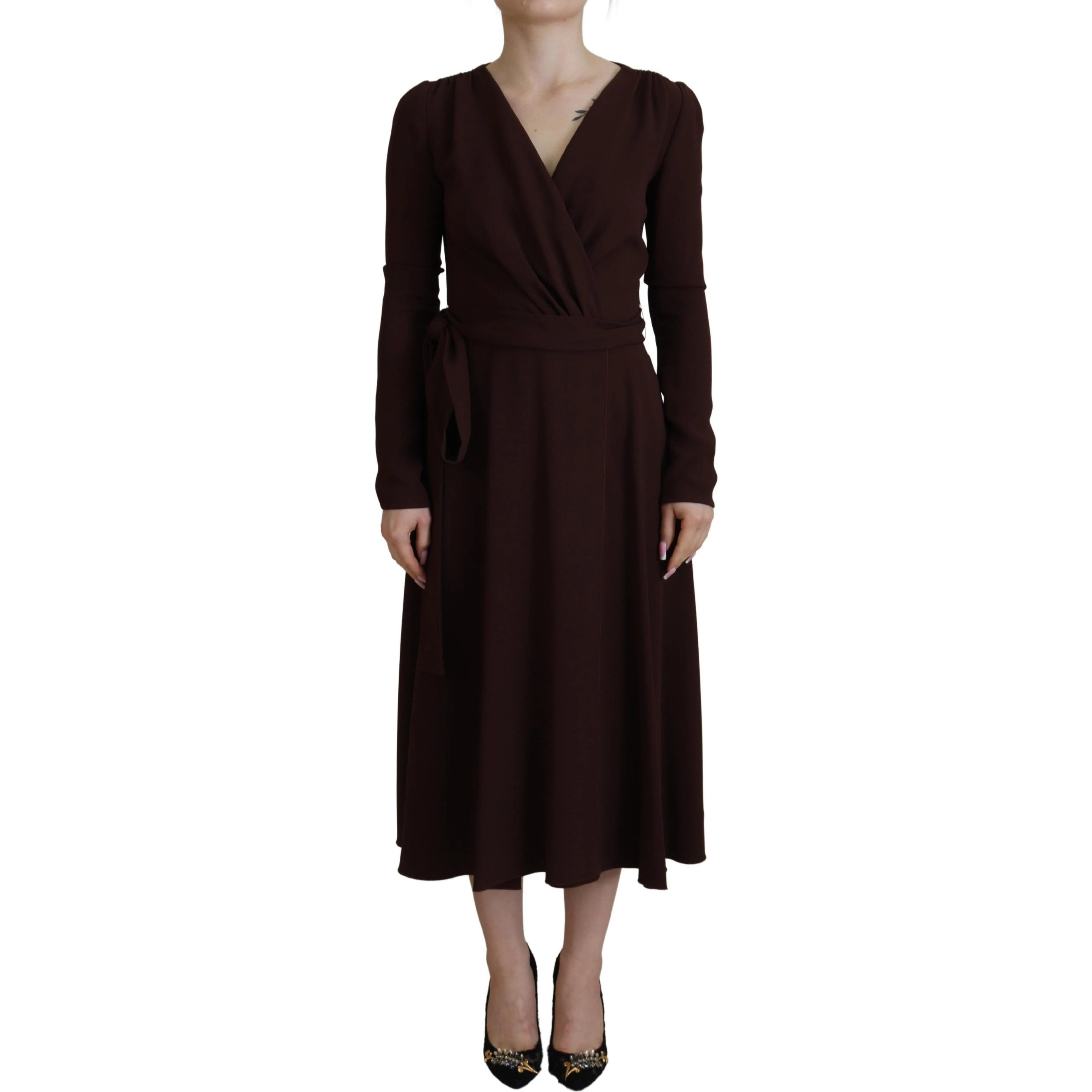 Brown Wrap Long Sleeve Midi Stretch Dress