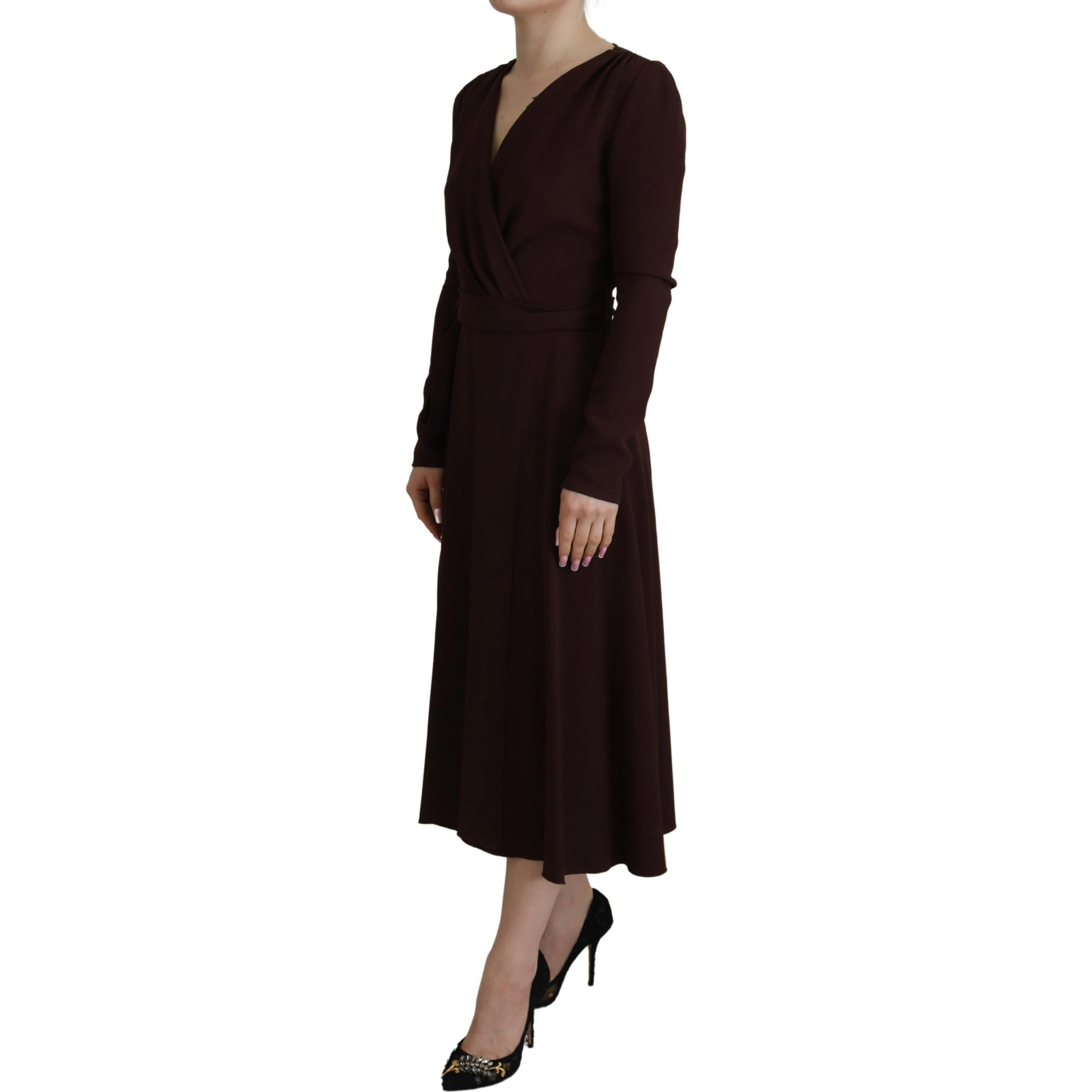 Brown Wrap Long Sleeve Midi Stretch Dress