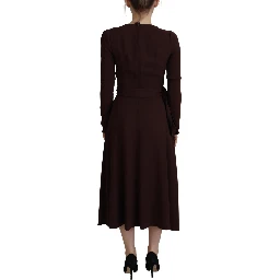 Brown Wrap Long Sleeve Midi Stretch Dress