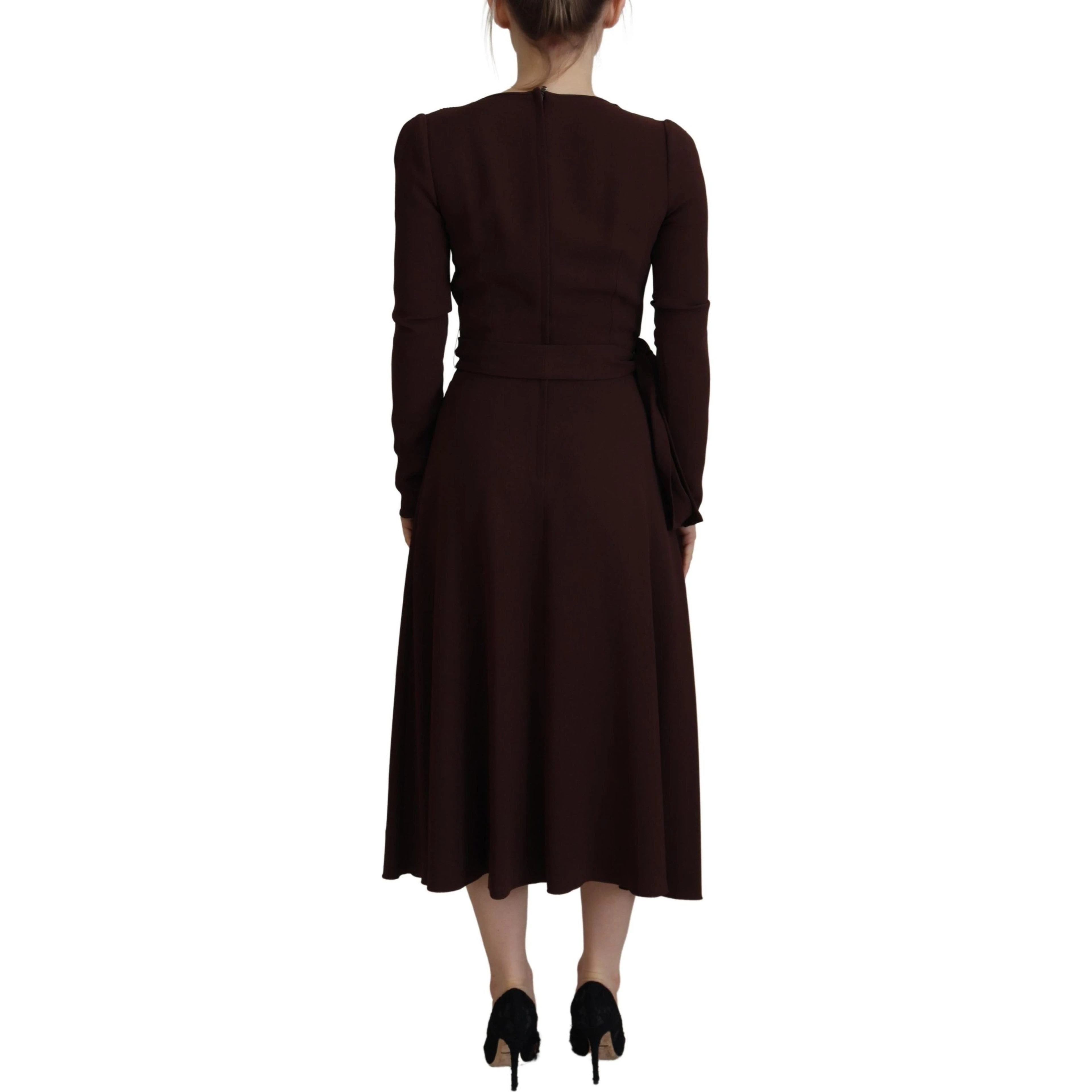 Brown Wrap Long Sleeve Midi Stretch Dress