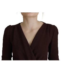 Brown Wrap Long Sleeve Midi Stretch Dress