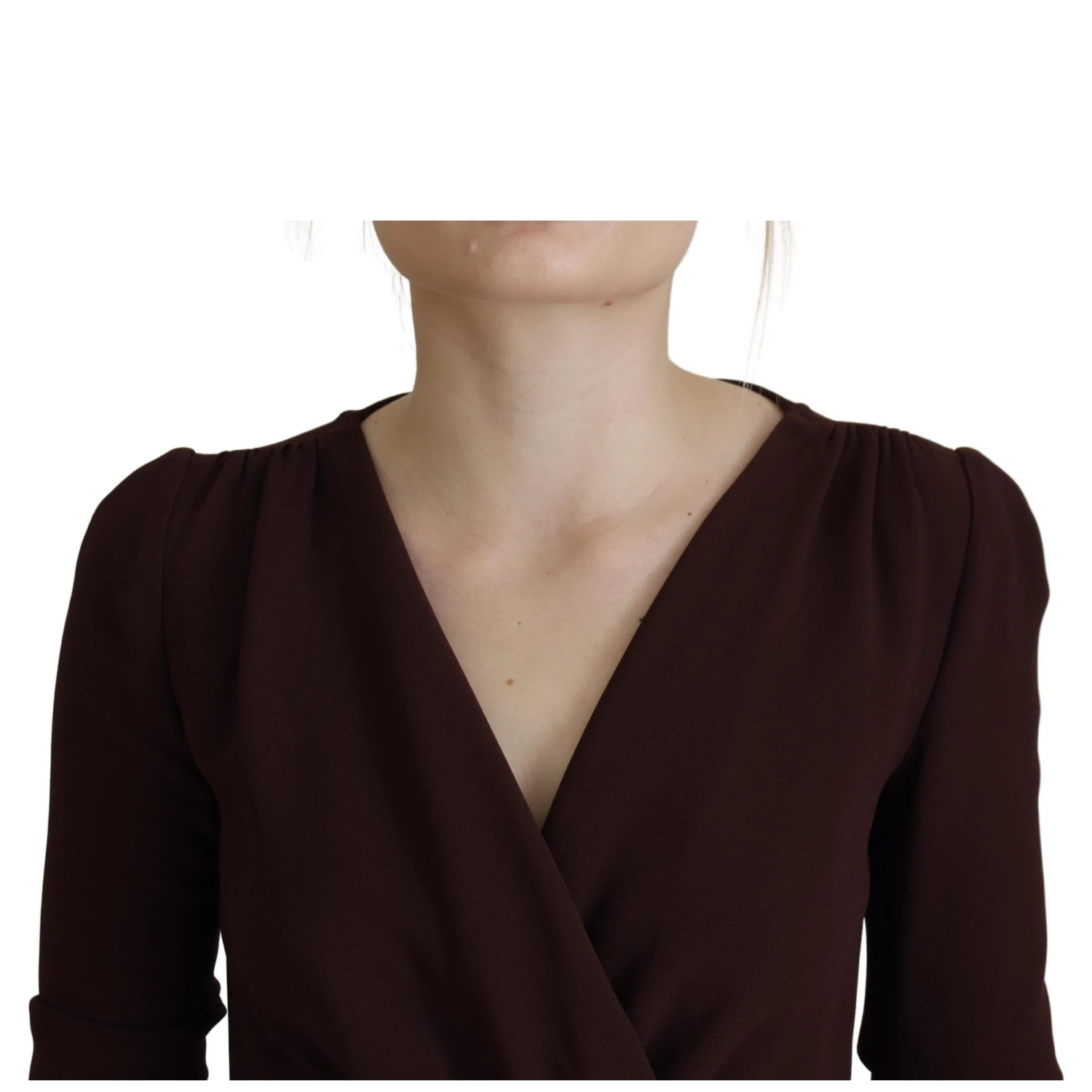 Brown Wrap Long Sleeve Midi Stretch Dress