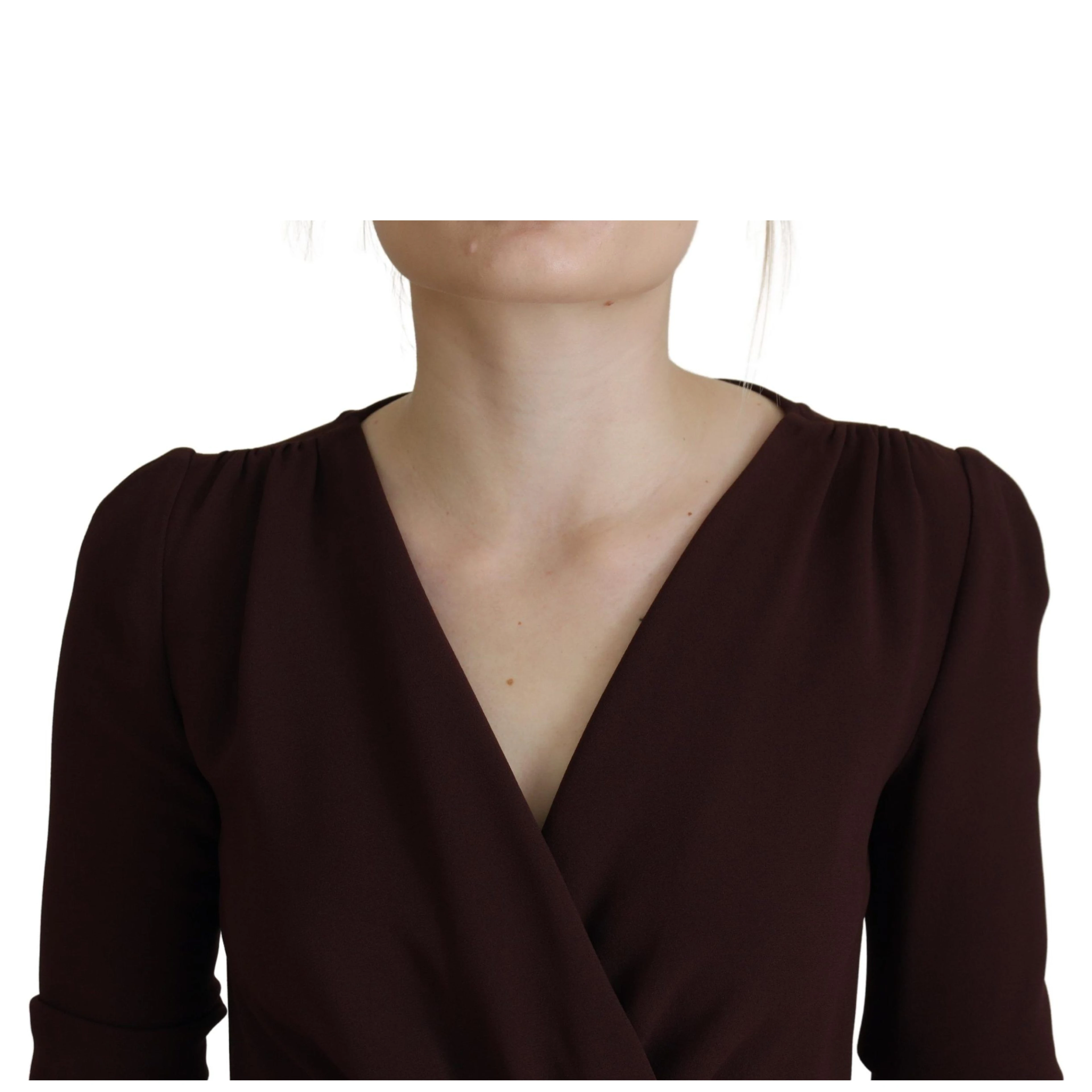 Brown Wrap Long Sleeve Midi Stretch Dress
