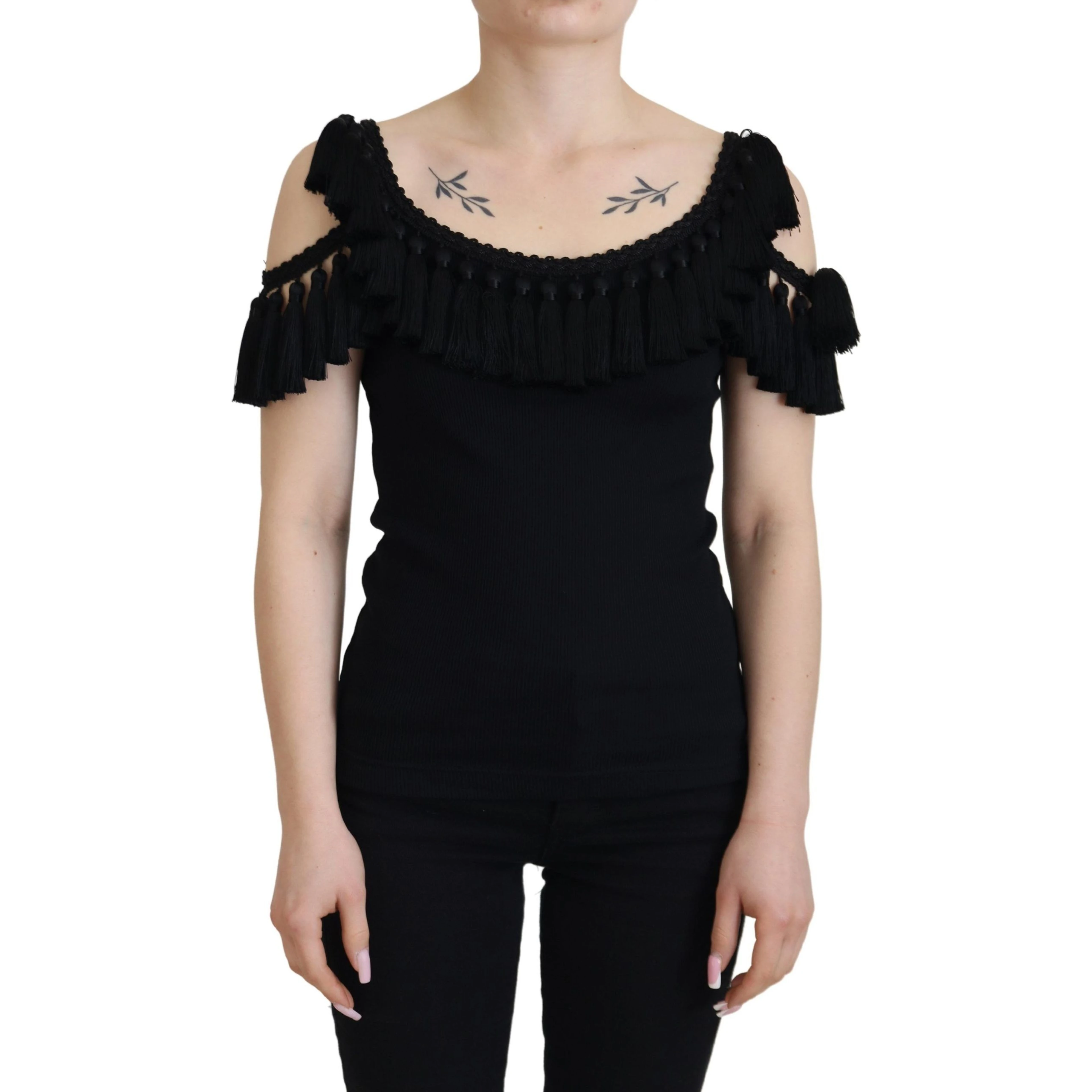 Black Tank Top Blouse Tassle Cotton Blouse