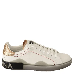 White Gold Leather Low Top Sneakers Casual Shoes