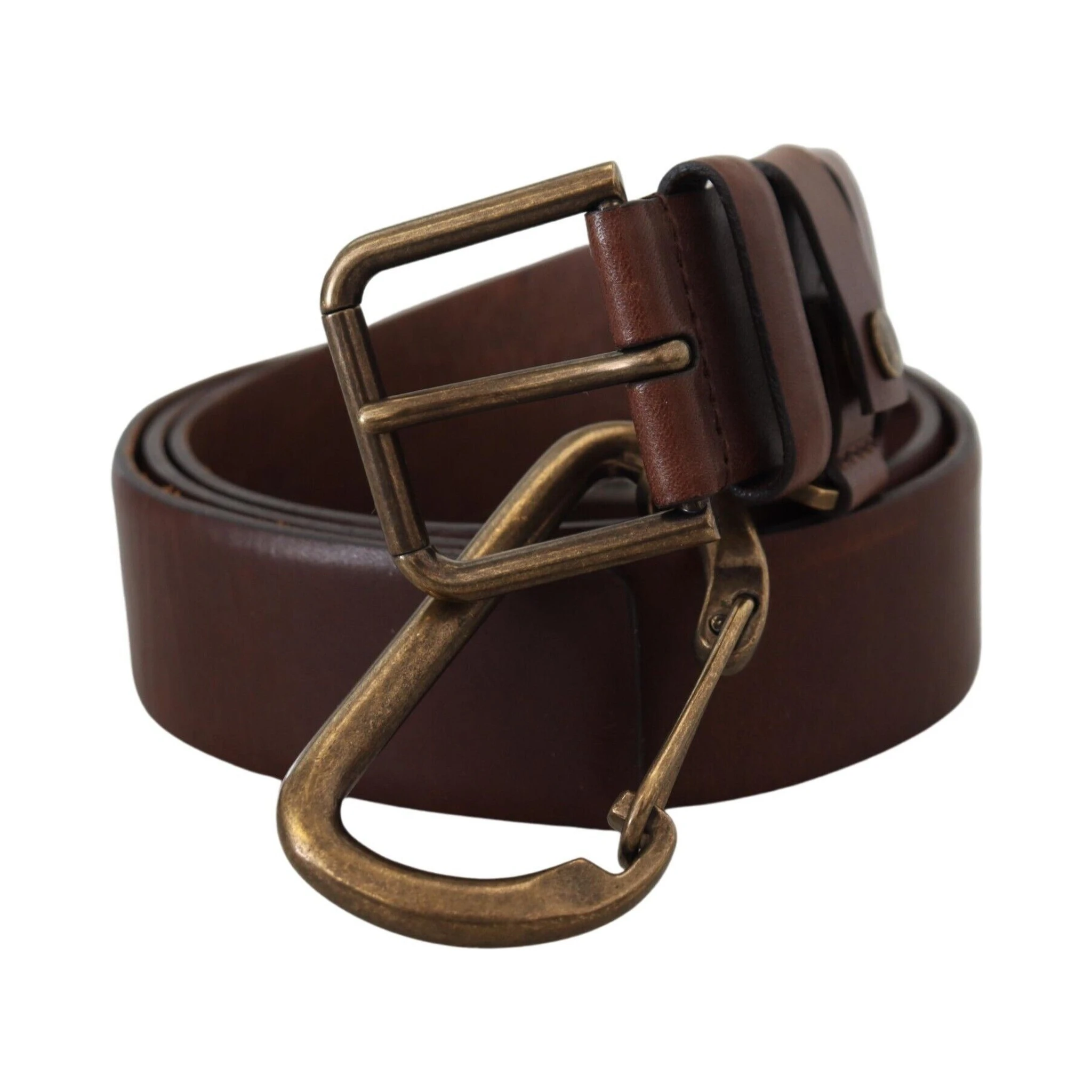 Brown Leather Gold Metal Buckle Carabiner Belt