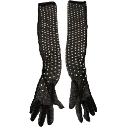 Black Crystal Elbow Length Cotton Tulle Gloves