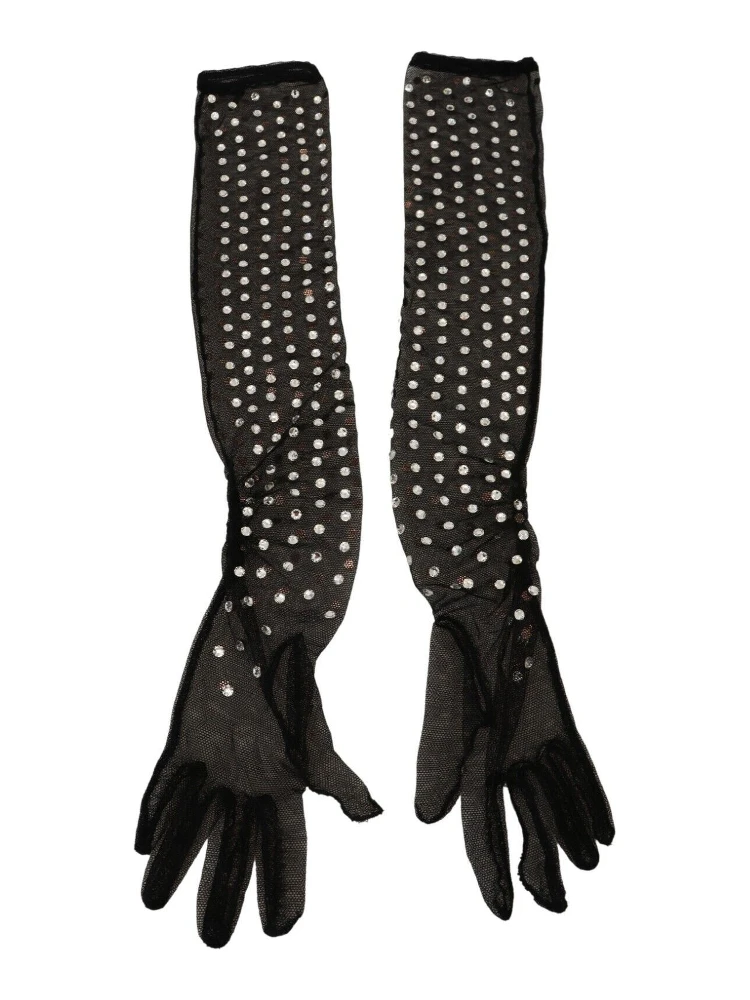 Black Crystal Elbow Length Cotton Tulle Gloves
