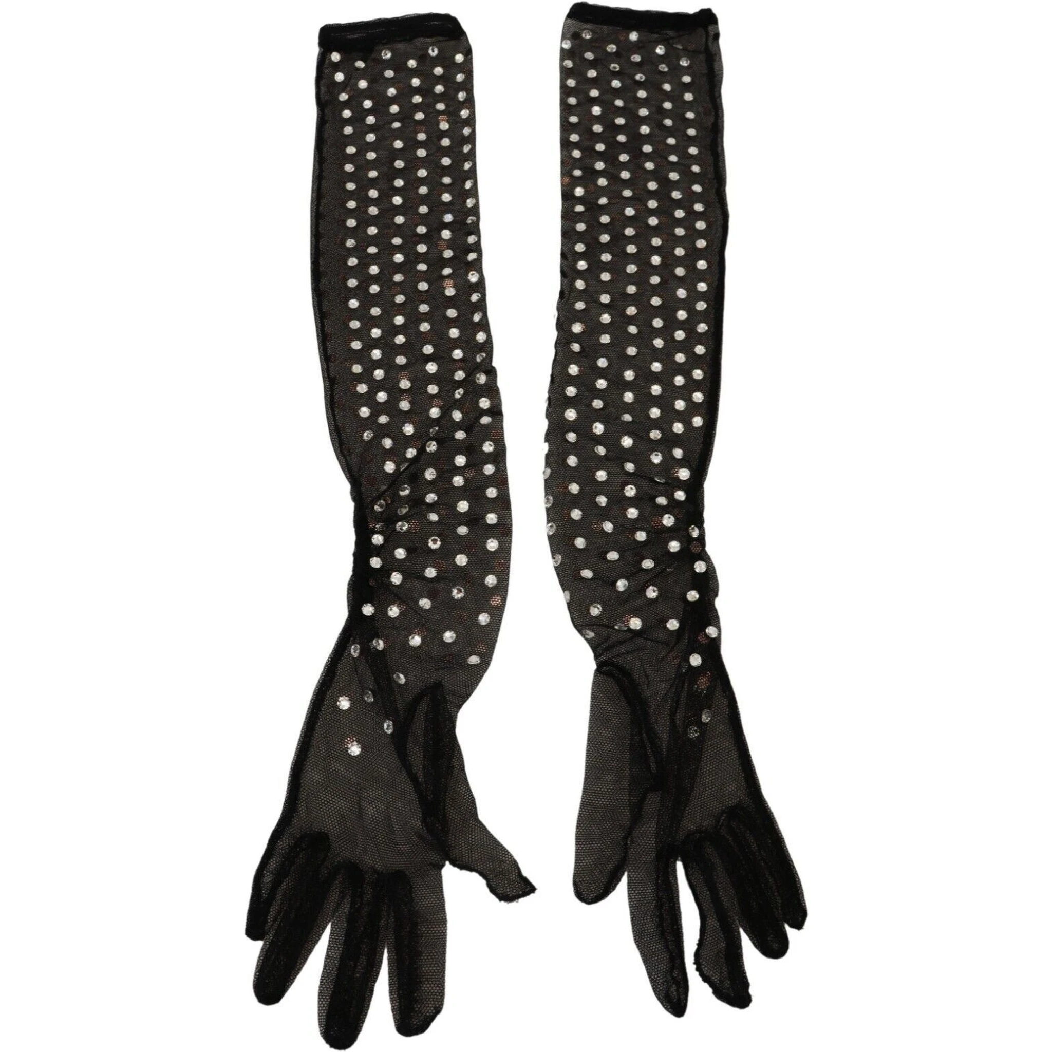 Black Crystal Elbow Length Cotton Tulle Gloves