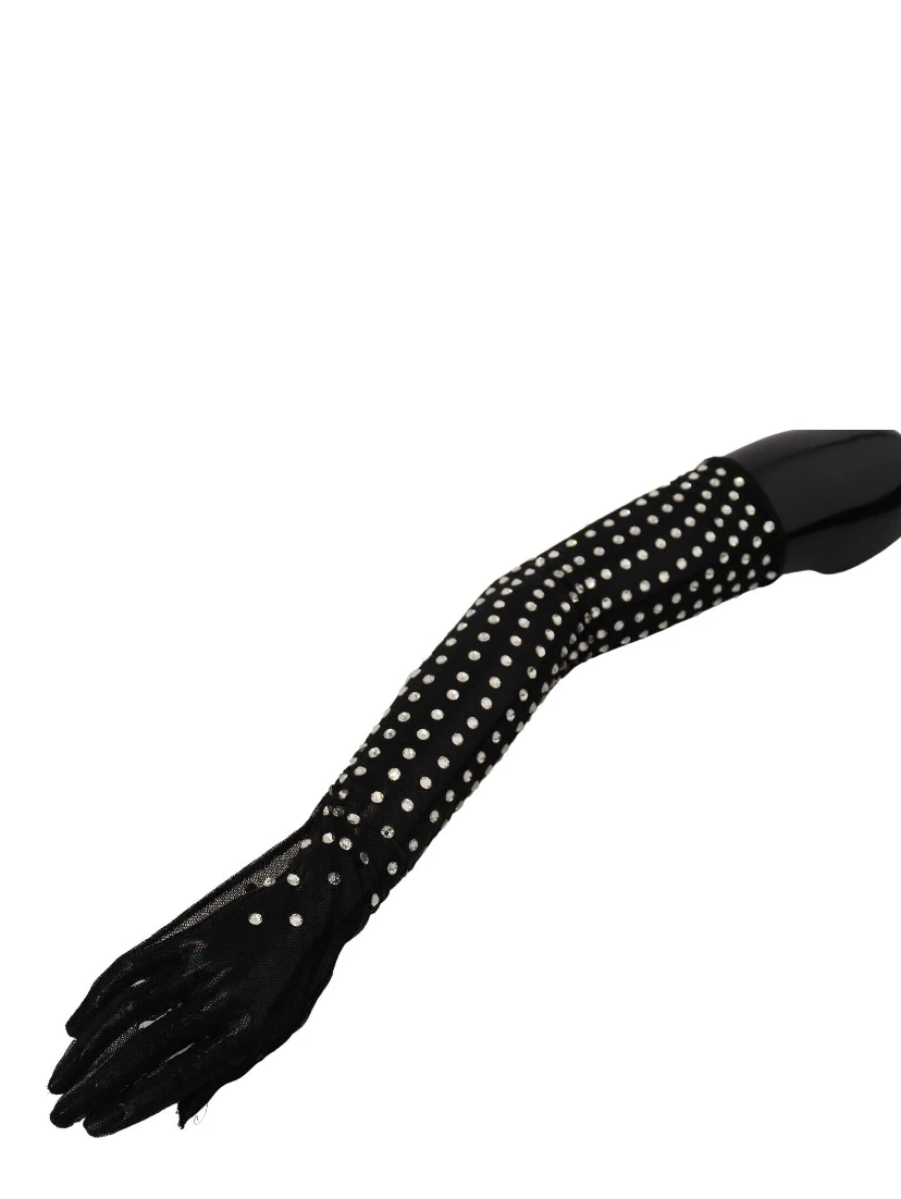 Black Crystal Elbow Length Cotton Tulle Gloves