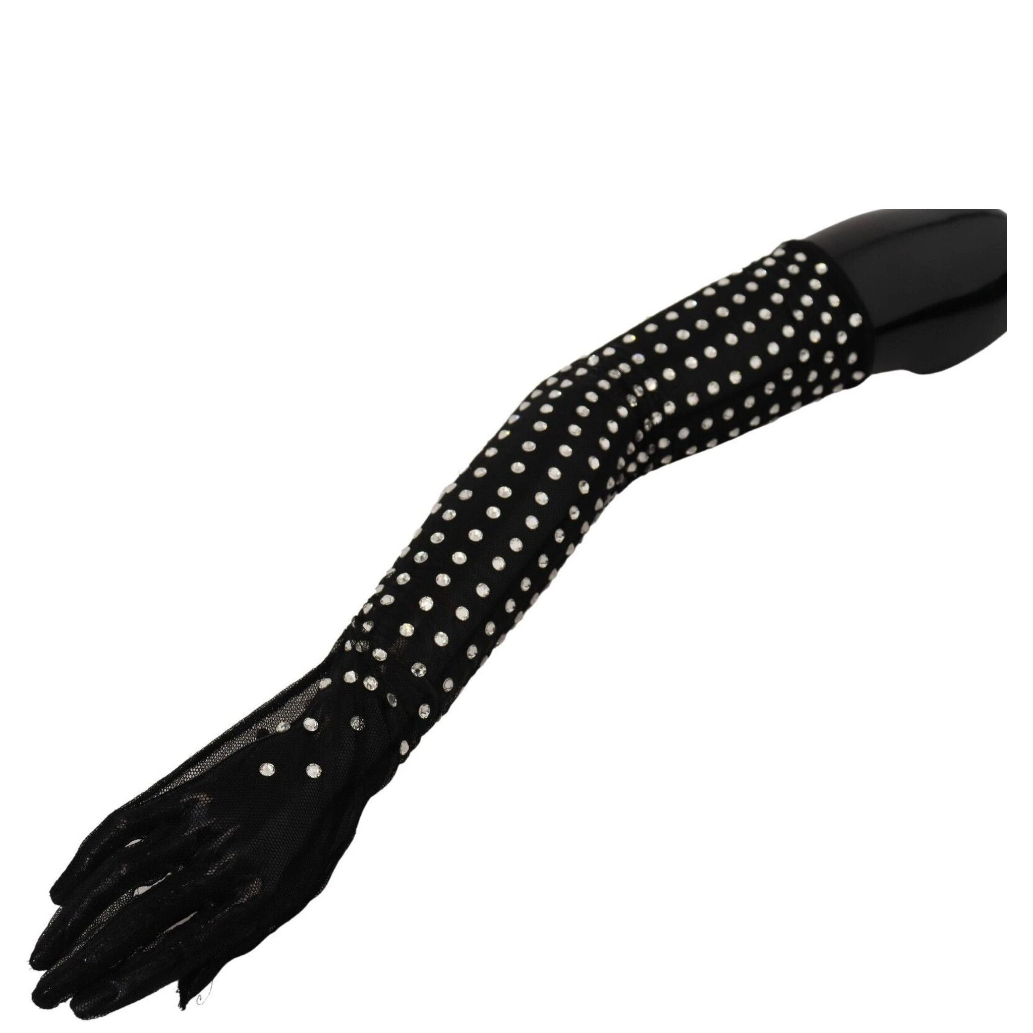 Black Crystal Elbow Length Cotton Tulle Gloves