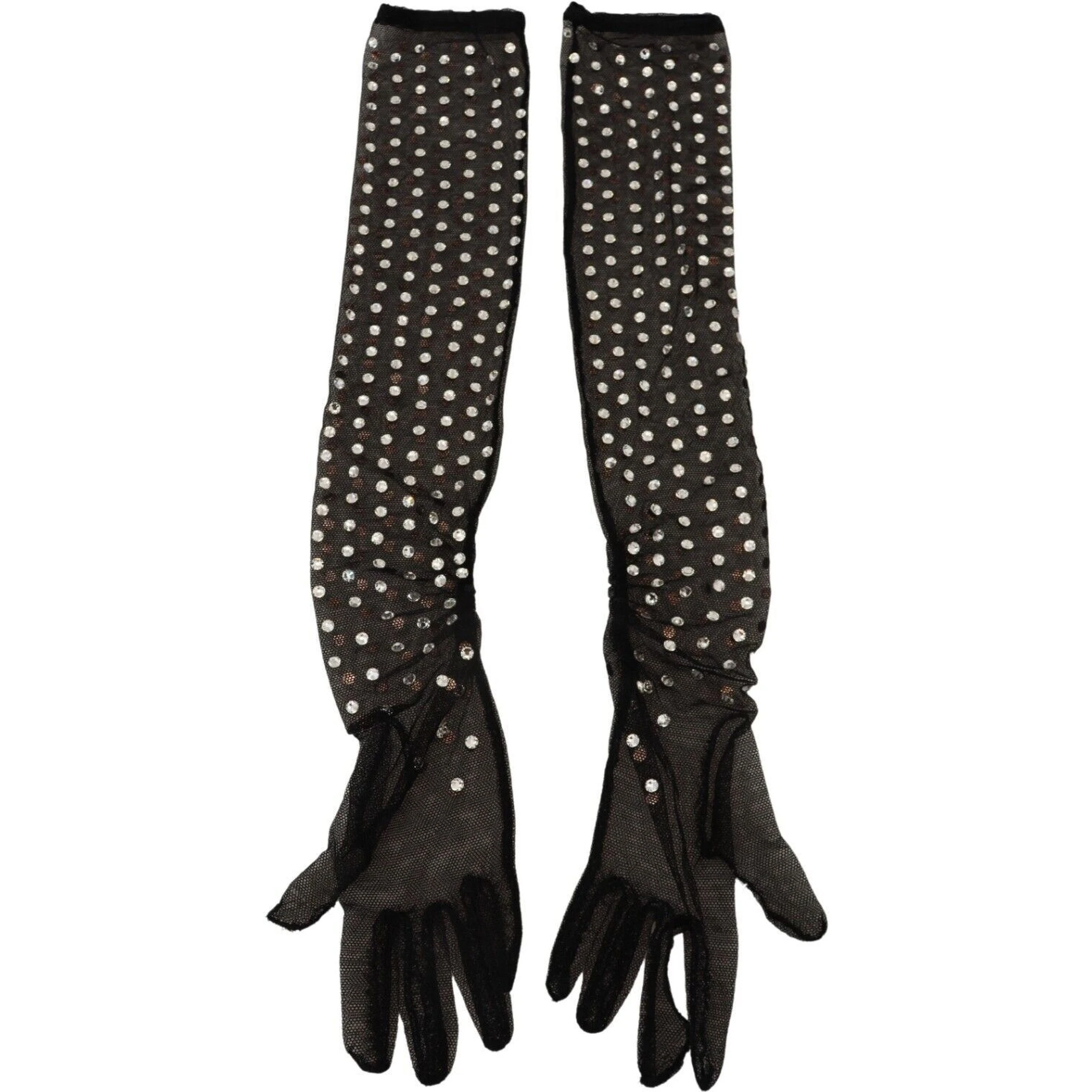 Black Crystal Elbow Length Cotton Tulle Gloves