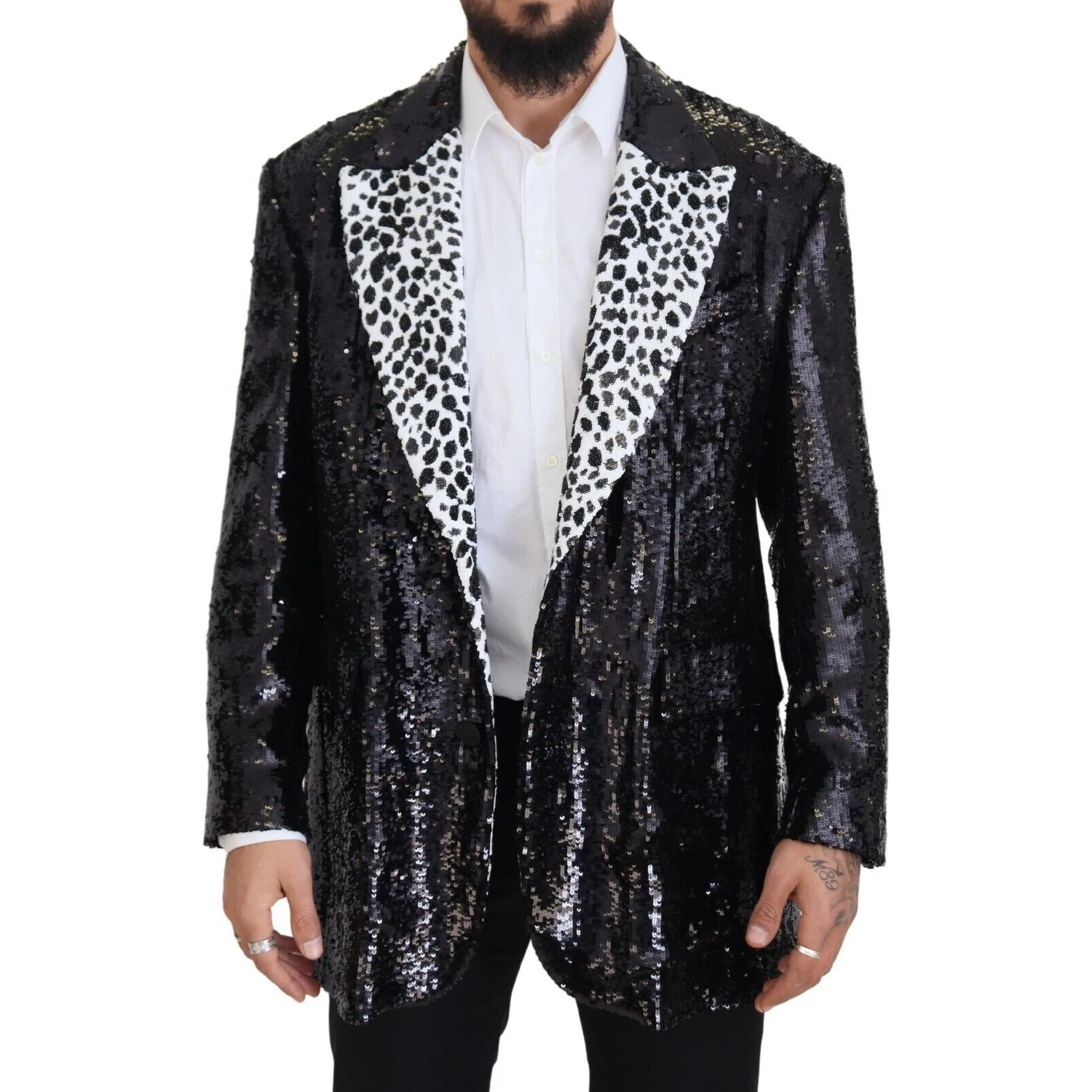 Black Sequined Cow Pattern Nylon Blazer