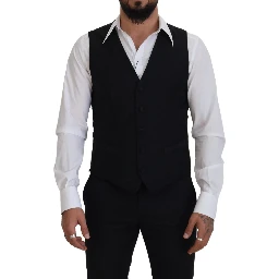 Black Virgin Wool Waistcoat Formal Dress Vest