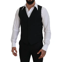 Black Virgin Wool Waistcoat Formal Dress Vest